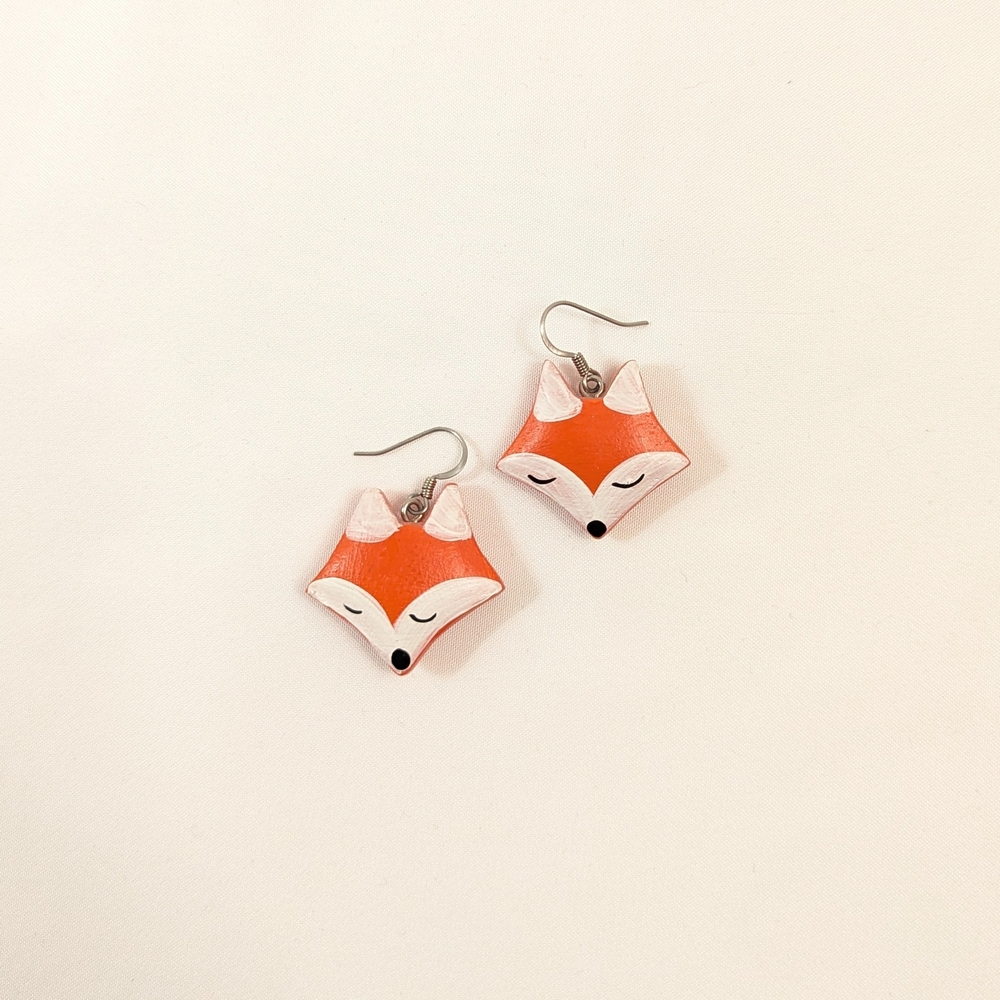 Fox Face Dangle Earrings - Orange & White